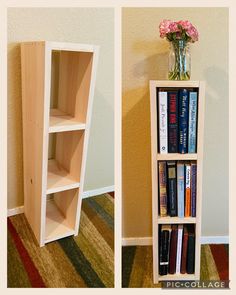 two shelves with books and flowers in them