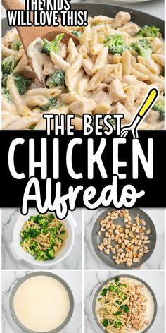 chicken alfredo with broccoli, mushrooms and other ingredients in pans for the best chicken alfredo