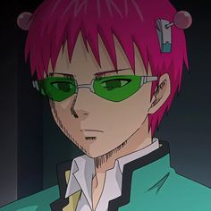 an anime character with pink hair and green glasses