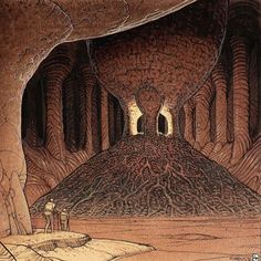 an image of a cave with two people standing in the entrance and another man looking at it