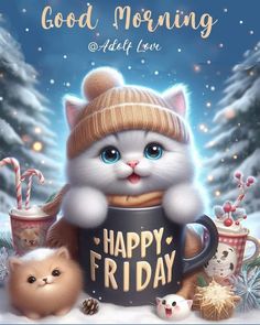 a white cat is holding a coffee cup with the words happy friday written on it