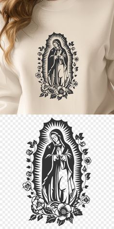 an image of the virgin mary in black and white on a woman's t - shirt