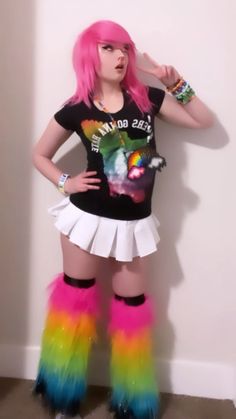 #emo #scene #emogirl #scene #scenekid #scenequeen #raver #rave #legwarmers Rainbow Scene Outfit, Emo Rave Outfit, Rave Outfits Pink, Emo And Scene, Halloween Costumes Brunette, Raver Outfits, Kandi Cuff