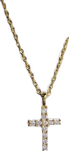 Elegant Gold Cross Necklace With Chain, Gold Diamond Necklace With Figaro Chain, Elegant Gold Chain Necklace With Cross Pendant, Yellow Gold Chain Necklace With Cross Pendant, Gold Cable Chain Necklace With Cubic Zirconia, Gold Cubic Zirconia Cable Chain Necklace, Diamond Necklace With Gold Chain As Gift, Formal Cross Pendant Necklace With Chain, Formal Cross Pendant Chain Necklace