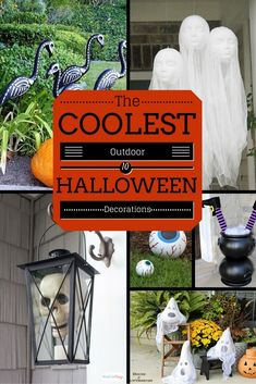 the coolest outdoor to halloween decoration is featured in this collage with pumpkins and ghost heads