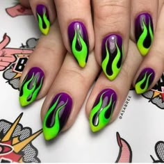 Maleficent Acrylic Nails, Maleficent Inspired Nails, Bettle Juice Nail Art, Maleficent Nail Art, Neon Halloween Nails, Maleficent Nails, Whimsical Nails, Spooky Nails, Nail Art Halloween