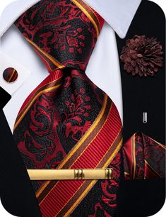 Men's Tie Red Burgundy Yellow Jacquard Striped Necktie Set Red Ties For Father's Day, Red Business Ties For Father's Day, Classic Red Suit And Tie Accessories For Groom, Elegant Red Suit And Tie Accessories For Groom, Business Red Neckwear With Inside Ties, Burgundy Tie, Packing Gift, Gentleman's Wardrobe, Dance Parties