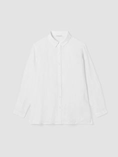 Organic Handkerchief Linen Classic Collar Shirt | EILEEN FISHER Classic Linen Tops With Fold Down Collar, Classic Linen Tops With Spread Collar, Classic Linen Top With Spread Collar, Classic Solid Linen Shirt, Classic Linen Button-up Top, Classic Linen Tops With Shirttail Hem, Classic Linen Top With Shirttail Hem, Linen Button-up Shirt For Layering, Daywear Collared Linen Shirt