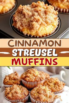 cinnamon streusel muffins in a muffin tin with the title above it