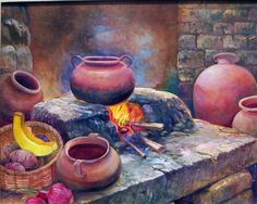 an oil painting of pots and other items on a table with a fire in the middle