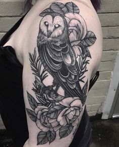 a black and white owl sitting on top of a tree branch with roses around it