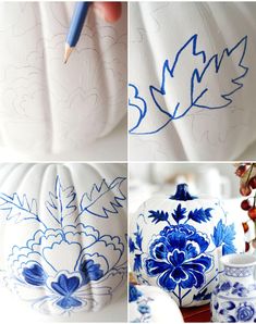 the process of painting pumpkins with blue and white designs on them is shown in three different pictures