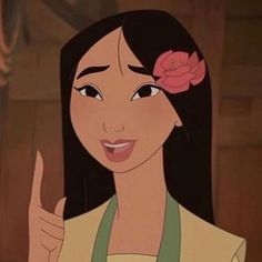 an animated character with a flower in her hair giving the thumbs up sign to someone else