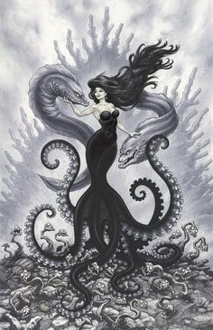 a drawing of a woman with long hair standing in front of an octopus