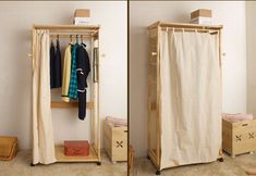 an open closet with clothes hanging on the door and two pictures showing it in different stages of being opened