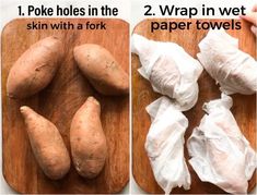 two pictures show how to wrap potatoes in paper towels