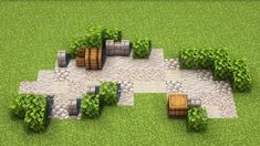 an aerial view of a game with lots of trees and barrels in the middle of it