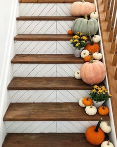 some pumpkins and gourds are sitting on the stair rail in this house