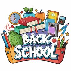 back to school sign with books, pencils, and other items on it in front of a white background