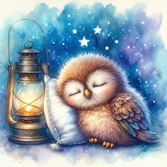 a painting of an owl sleeping on a pillow next to a lantern with stars in the background