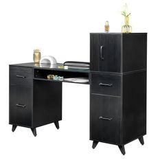 an office desk with two drawers and a shelf on one side, in black finish