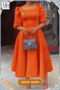 Elegant Solid Patchwork Square Collar Evening Dress Dresses Evening Wear Dresses, Afrikaanse Mode, Night Club Dress, Fitted Maxi Dress, Plus Size Formal, Evening Dress Fashion, Puffed Sleeves Dress, Orange Fashion, Types Of Skirts