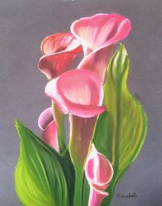 a painting of pink flowers with green leaves