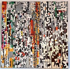 an abstract painting with many different colors and patterns on the wall, including black, white,