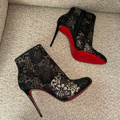 Like New. Christian Louboutin Lace Embellished Bootie. 100mm. Size 42 (Fits A Us 10). Black Lace Embellishment Details. Perfect For A Night Out With Pants Or A Dress. Impossible To Find! I’ve Been Collecting Her For Years. Never Worn! Elegant Wedding Boots Embellished, Elegant Embellished Wedding Boots, Luxury Boots With 4-inch Heel For Evening, Luxury Evening Boots With 4-inch Heel, Elegant Closed Toe Evening Boots, Elegant Evening Boots With Closed Toe, Elegant Embellished Black Boots, Luxury Closed Toe Evening Boots, Luxury Closed Toe Boots For Evening