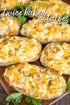 baked potatoes with cheese and herbs on a wooden platter text reads million dollar twice baked potatoes