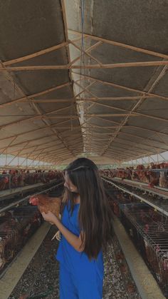 a girl in blue overalls holding a brown chicken under a shelter filled with chickens