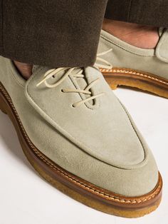 OLIVIER's derby shoes are great for adding a touch of refinement to your casual wardrobe. Constructed using a flexible and lightweight welt, this pair is made from smooth suede and fitted with comfortable natural crepe soles to support your feet throughout the day. Inspired by a Belgian loafer but with the added laces, OLIVIER's derby shoes are perfect for the classic man, but at the same time with a new shape.-Latte suede calf-Natural crepe rubber sole-Blake construction-Come with dust bag-Made in Portugal Mens Old Money Shoes, Shoes Design Ideas, Work Shoes Men, Mens Loafer, Loafer Shoes For Men, Mens Loafers Shoes, Men Dress Shoes, Gentleman Shoes, Man Shoes