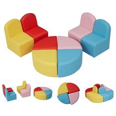 an assortment of colorful furniture on a white background