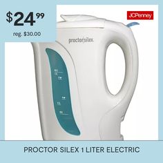 a white electric kettle sitting on top of a blue and white background with the price $ 24 99