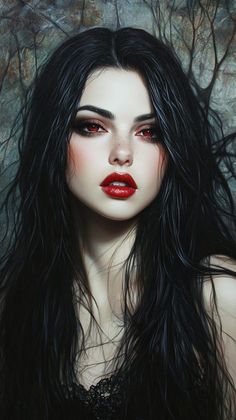 a painting of a woman with long black hair and red lipstick on it's face