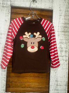 Reindeer T-Shirt w/ Striped Arms Smile On, Show Off, A Smile, Kids Shirts, Reindeer, Holidays, Festival, Wardrobe, Red