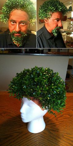 three pictures of a man with trees on his head and in the background is a computer screen