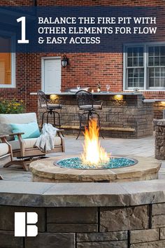 an outdoor fire pit with seating around it and text overlay that reads, balance the fire pit with other elements for flow & easy access