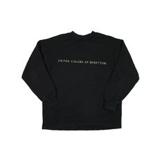 "Vintage 90s United Colors of Benetton Sweatshirt  Used condition. See pics! Made in Italy THIS IS USED ITEM ! PLEASE DONT EXPECTED IT TO BE LIKE NEW OR IN PRISTINE CONDITION ! Size on tag not specified. Fits close to modern M. Please check the measurements! Measurements: Shoulders: 52 cm. (20.4\") Pit to Pit: 58 cm. (22.8\") Length: 66 cm. (26\") Sleeve length from shoulder: 50 cm. (19.6\") Worldwide shipping: Approximate delivery time 14-30 days. Please be careful and ask any specific questions about item before purchasing. I can send you additional details photos as needed." Black Long Sleeve T-shirt 90s Style, Vintage Long Sleeve T-shirt For Winter, 90s Long Sleeve Sweater With Letter Print, 90s Long Sleeve T-shirt For Fall, 90s Style Long Sleeve T-shirt For Fall, 90s Style Oversized Black Sweater, 90s Style Long Sleeve Cotton Sweater, 90s Oversized Black Sweater, Black Long Sleeve 90s Sweater