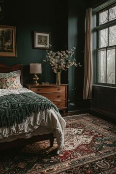 I love moody romantic bedroom design because it creates a cozy and intimate atmosphere that feels perfect for relaxation and introspection. The rich, dark colors and soft lighting evoke a sense of mystery and passion, making it a truly enchanting space to unwind in. Moody Green Decor, Country Aesthetic Home Decor, Cozy Victorian Bedroom, Moody Academia Decor, Green And Gold Room, Antique Furniture Bedroom, Modern Vintage Interior, Dark Green Bedroom Ideas