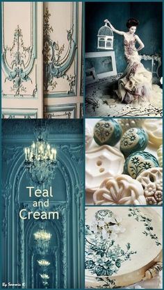 teal and cream collage with images of woman in dress, chandelier