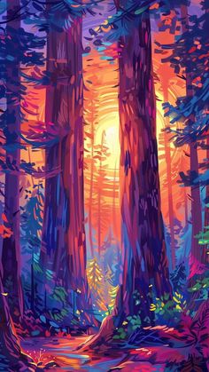 Colorful redwood forest Forest On Fire Painting, Colorful Forest Painting, Redwood Forest Art, Forest Painting Landscape, Redwood Tree Art, Perspective Painting Ideas, Sunset Forest Painting, Magic Forest Illustration, Magical Forest Illustration