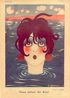 an illustration of a woman floating in the water with her eyes closed and tongue out