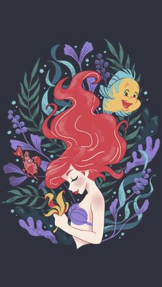 the little mermaid with her red hair is surrounded by seaweed and flounds