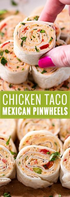 the chicken taco mexican pinwheels are stacked on top of each other and ready to be eaten