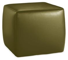 an olive green leather cube stool with the seat upholstered to it's sides