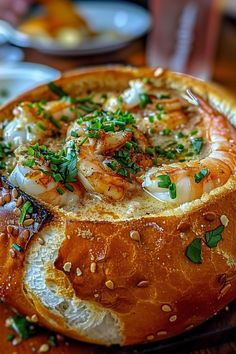 a close up of a bread bowl on a table