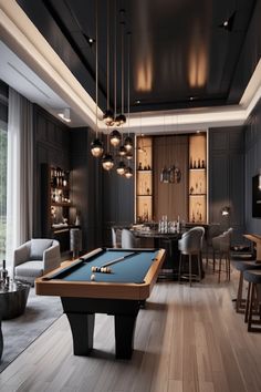 Elegant billiards-themed game room with dark wood accents, modern furniture, and ambient pendant lighting. Bar Lounge Room Ideas House Modern, Lounge Bar Interior Design Home, Luxury Home Bar Room, Chic Pool Table Room, Chic Modern Interior Design, Entertainment Bar Room, Modern Luxury Game Room, Luxury Pool Table Room, Entertainment Living Room Ideas