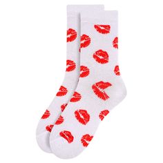 Get ready to pucker up with these playful socks! Featuring a fun red lips print on a crisp white background, these socks are sure to make you and your loved ones smile. Pair them with one of our love themed socks to create your own bundle of love. Whether you're at home or out on the town, these socks will add a touch of whimsy to your look. So go ahead and spread the love, one step at a time! 70% cotton, 25% polyester, 5% spandex Fits US Sock Size Women's 9-11, Shoe Size 4-10 Machine wash, tumb Trendy Red Socks For Gift, Trendy Red Socks As Gift, Trendy Red Socks For Gifts, Trendy Red Socks As A Gift, Sock Crafts, Valentine Print, Lips Print, White Socks, Novelty Socks