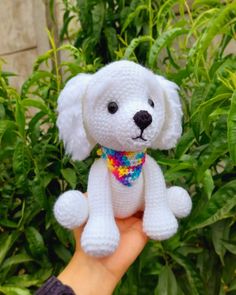 a hand holding a small white dog in front of some green plants and bushes,